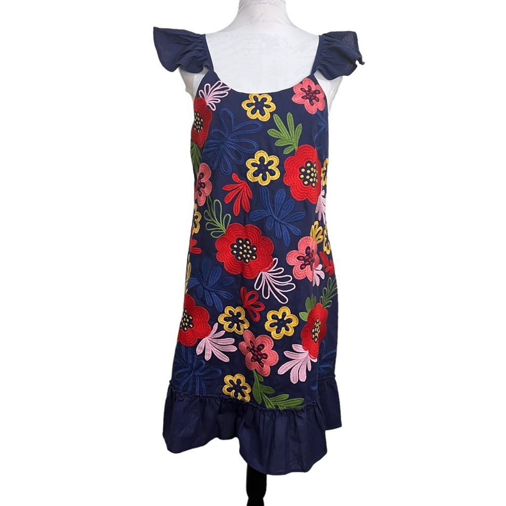 Andree‎ By Unit Embroidered Appliqué Shift Dress Big Bold Floral Linen Tripical